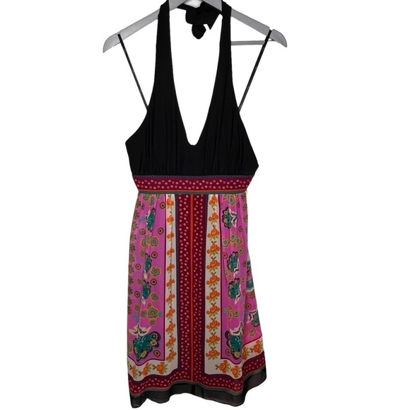 Suzi Chin For Maggy Boutique Silk Halter Dress Size 8P Black V Neck Floral Print - Picture 2 of 13